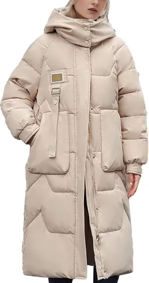 SHAOBGE Women Jacket Winter Fashion Solid Color Detachable Hooded Medium Length Over The Knee Thickened Down Coat with