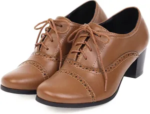 SHEMEE Women's Chunky Lace Up Vintage Oxfords Dress Pumps Round Toe Block Mid Heels Retro Brogues Shoes