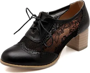 SHEMEE Womens Lace Mesh Stacked Chunky Heel Wingtip Oxfords Round Toe Block Heels Lace-Up Pumps Work Office Dress Shoes
