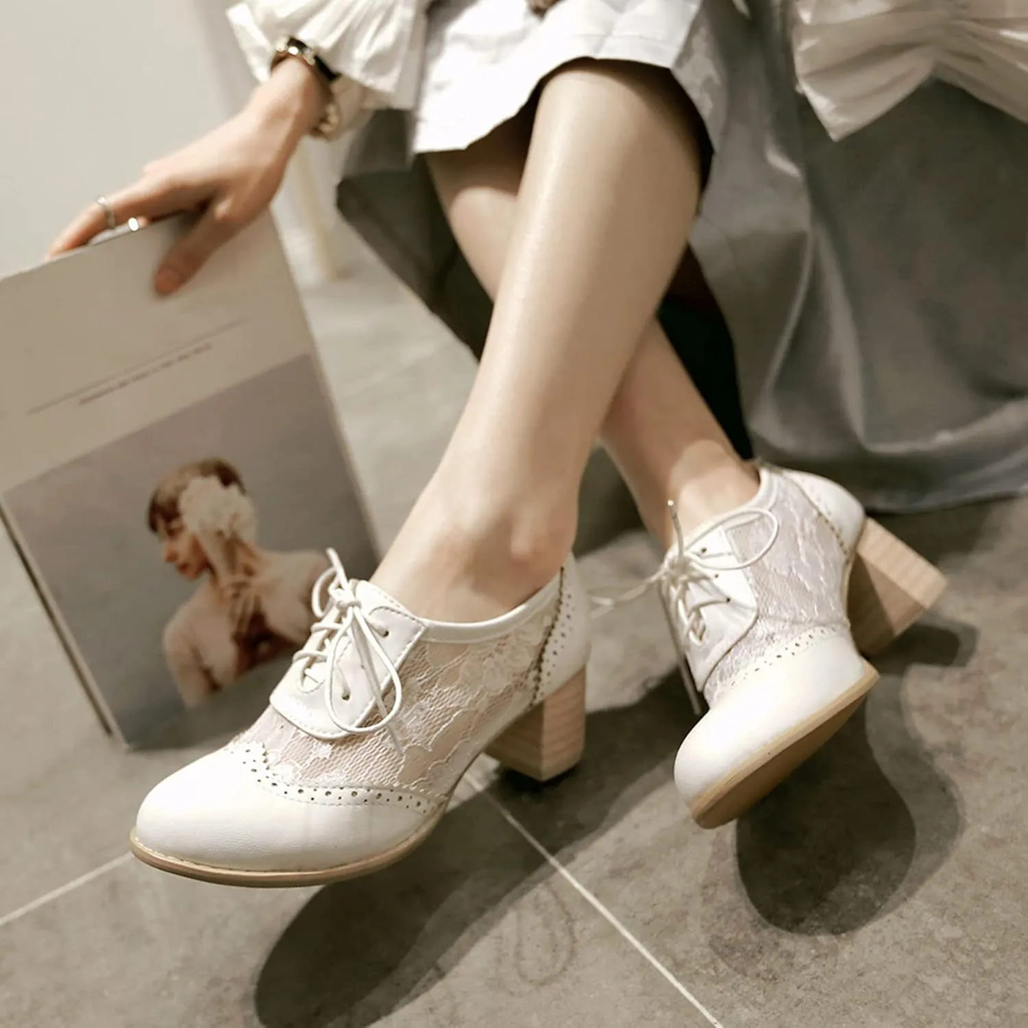 SHEMEE Womens Lace Mesh Stacked Chunky Heel Wingtip Oxfords Round Toe Block Heels Lace-Up Pumps Work Office Dress Shoes