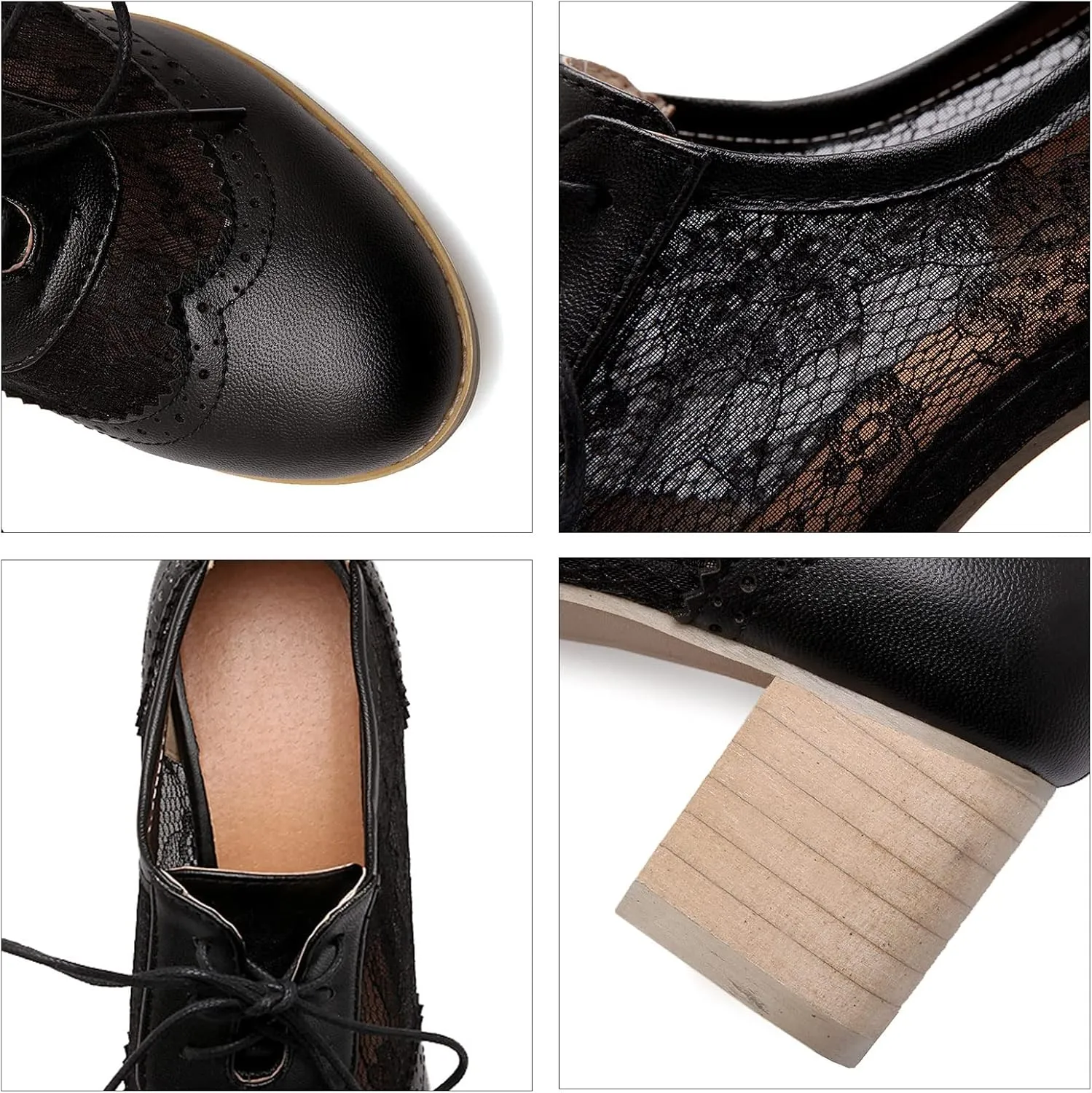 SHEMEE Womens Lace Mesh Stacked Chunky Heel Wingtip Oxfords Round Toe Block Heels Lace-Up Pumps Work Office Dress Shoes