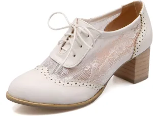 SHEMEE Womens Lace Mesh Stacked Chunky Heel Wingtip Oxfords Round Toe Block Heels Lace-Up Pumps Work Office Dress Shoes