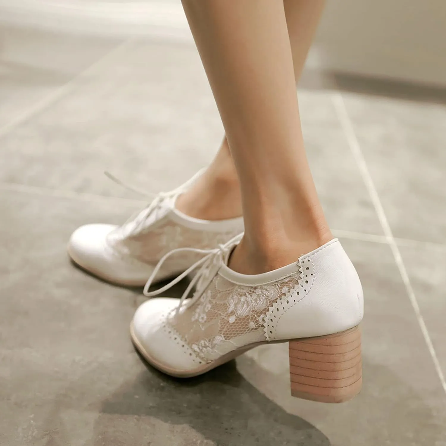 SHEMEE Womens Lace Mesh Stacked Chunky Heel Wingtip Oxfords Round Toe Block Heels Lace-Up Pumps Work Office Dress Shoes