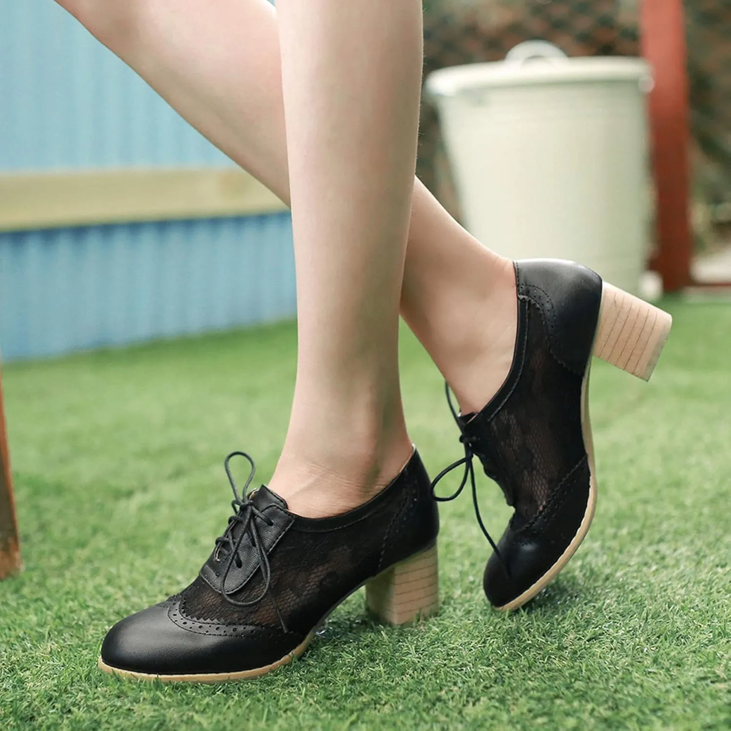 SHEMEE Womens Lace Mesh Stacked Chunky Heel Wingtip Oxfords Round Toe Block Heels Lace-Up Pumps Work Office Dress Shoes