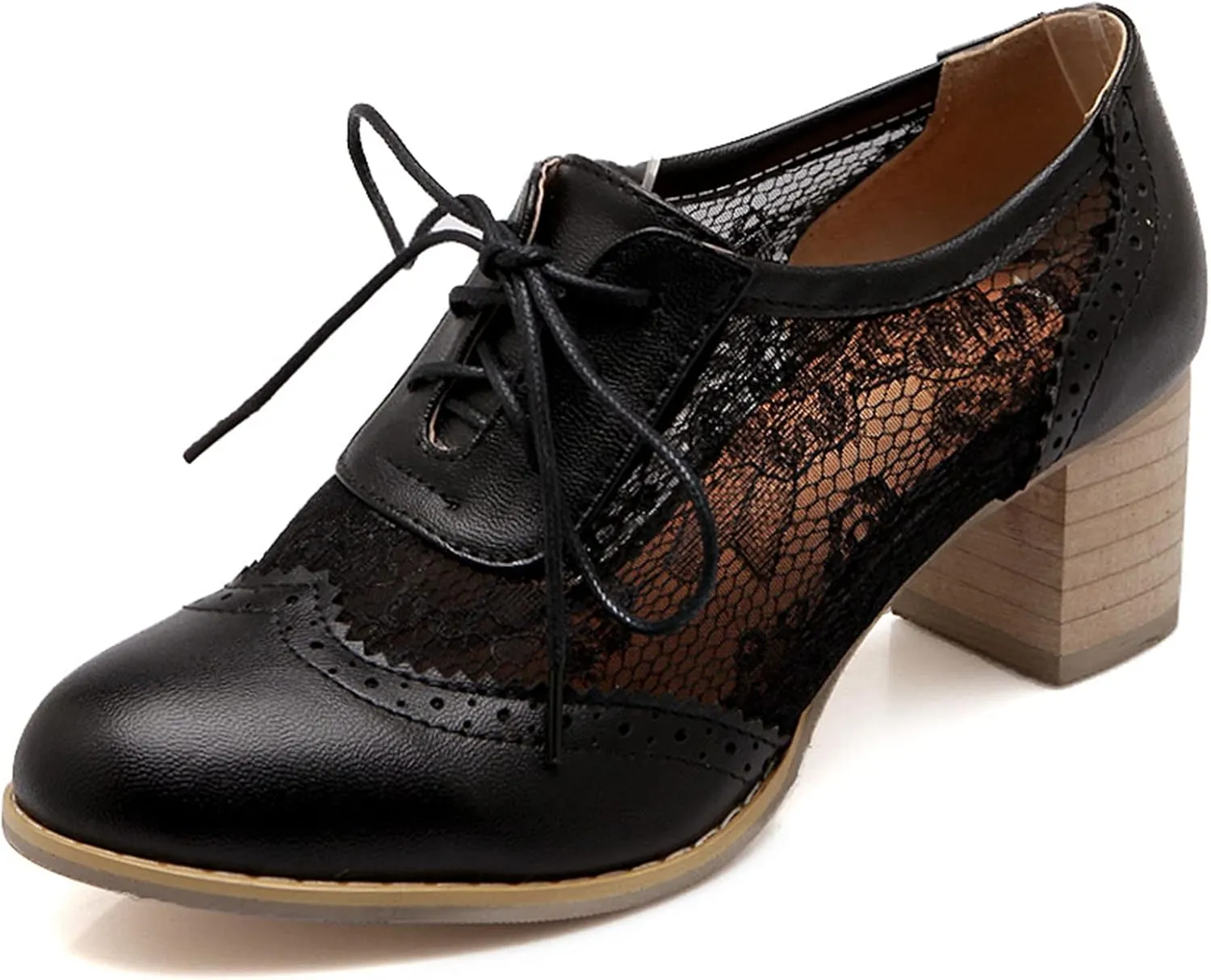 SHEMEE Womens Lace Mesh Stacked Chunky Heel Wingtip Oxfords Round Toe Block Heels Lace-Up Pumps Work Office Dress Shoes