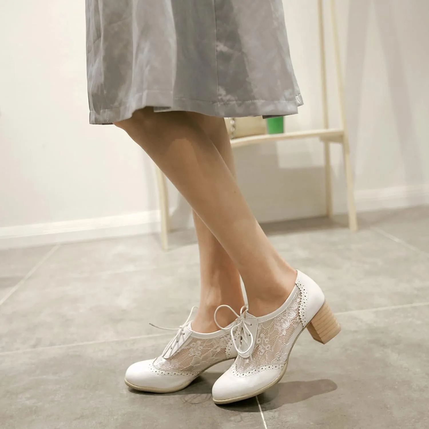SHEMEE Womens Lace Mesh Stacked Chunky Heel Wingtip Oxfords Round Toe Block Heels Lace-Up Pumps Work Office Dress Shoes