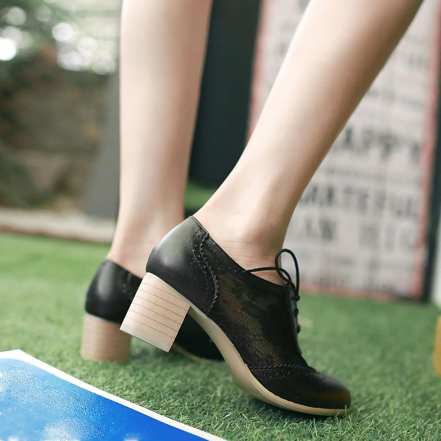 SHEMEE Womens Lace Mesh Stacked Chunky Heel Wingtip Oxfords Round Toe Block Heels Lace-Up Pumps Work Office Dress Shoes