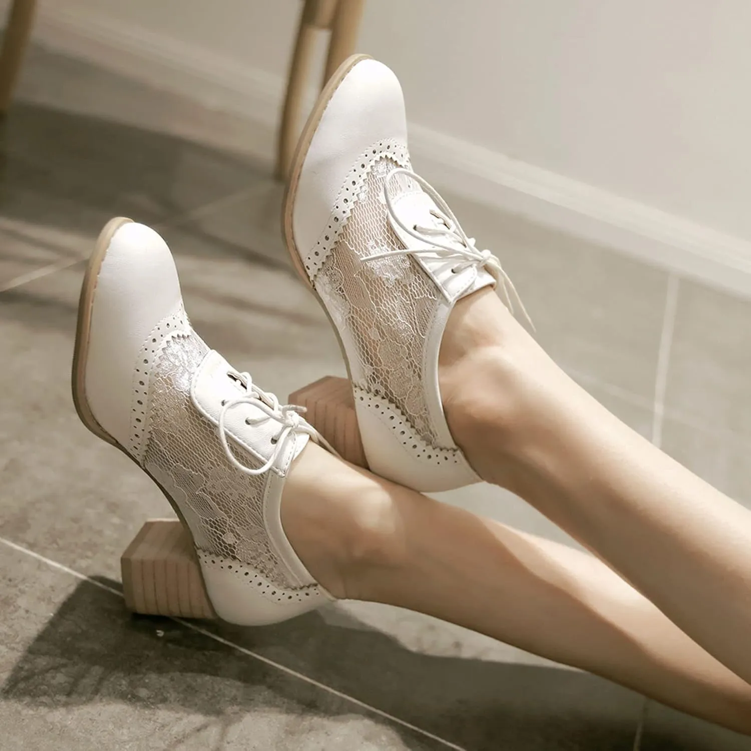 SHEMEE Womens Lace Mesh Stacked Chunky Heel Wingtip Oxfords Round Toe Block Heels Lace-Up Pumps Work Office Dress Shoes