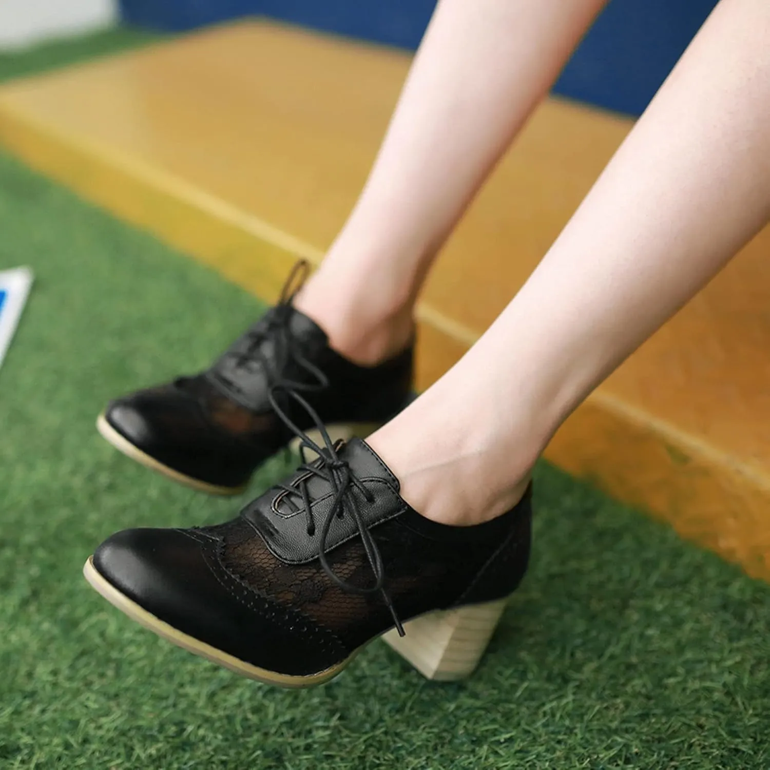 SHEMEE Womens Lace Mesh Stacked Chunky Heel Wingtip Oxfords Round Toe Block Heels Lace-Up Pumps Work Office Dress Shoes