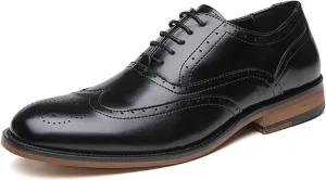 Shoes Dress Oxford for Men Lace Up Brogue Embossed Wing tip Round Burnished Toe Vegan Leather Anti-Slip Slip Resistant Block Heel Rubber Sole Classic (Color : Black, Size : 8)