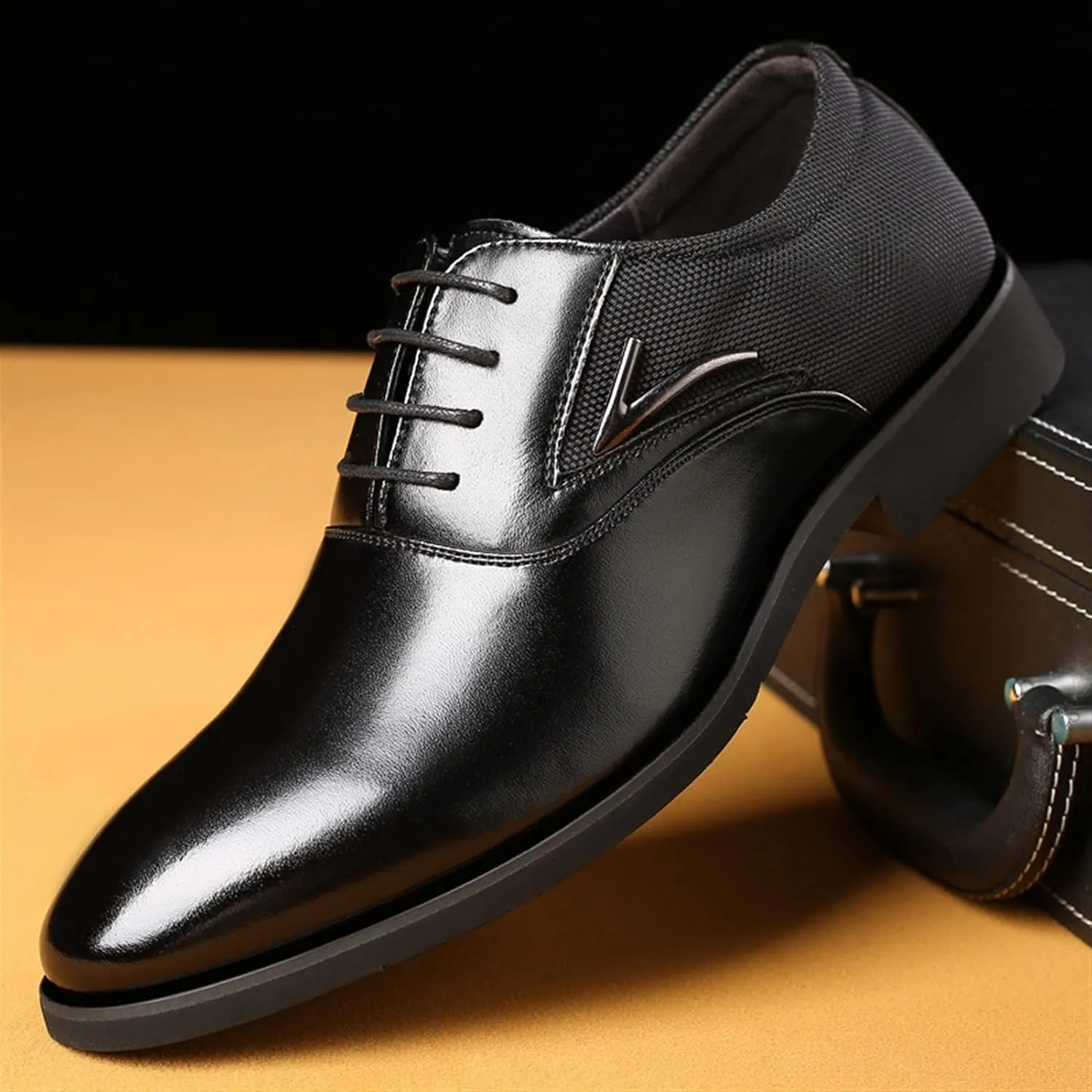 Shoes Dress Oxford for Men Lace Up Round Black Burnished Toe Vegan Leather Block Heel Slip Resistant Rubber Sole Wedding