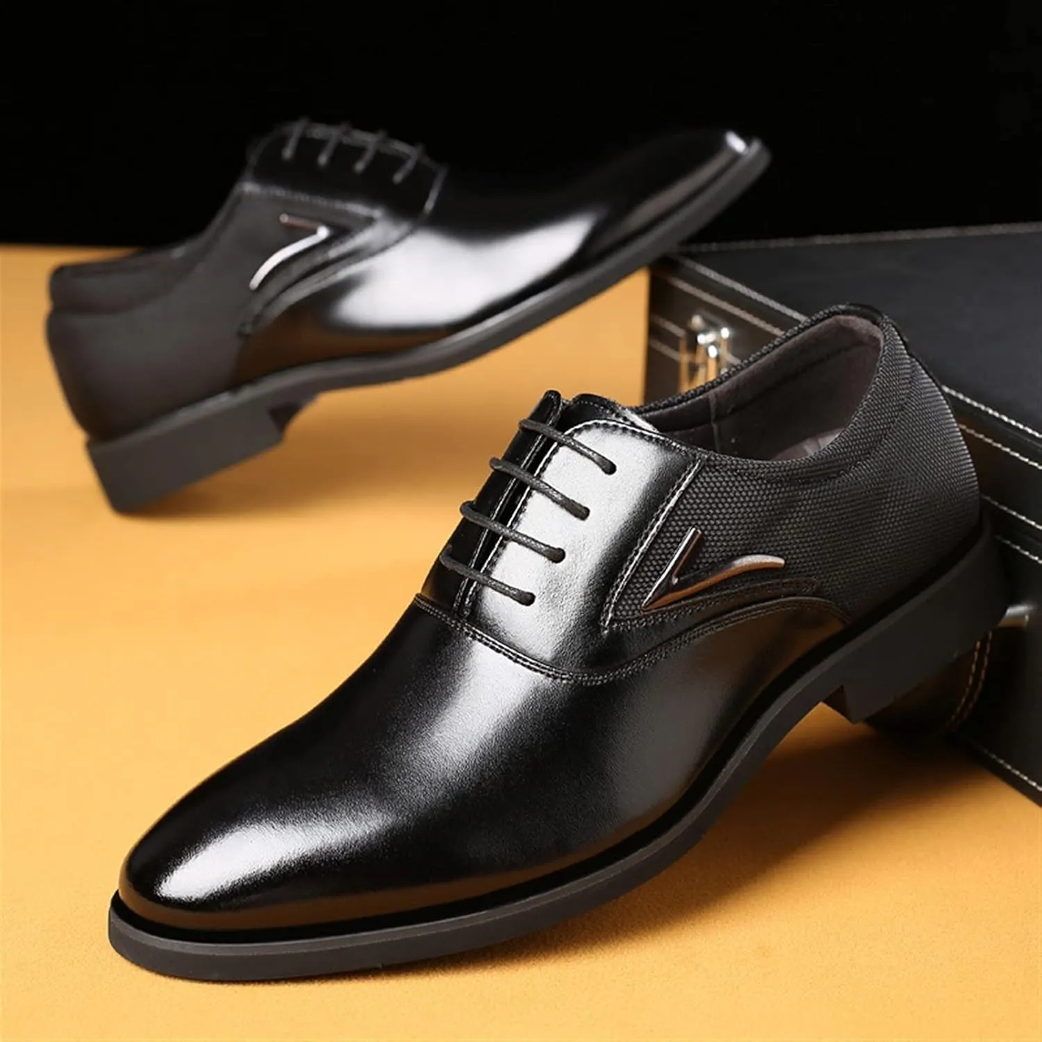 Shoes Dress Oxford for Men Lace Up Round Black Burnished Toe Vegan Leather Block Heel Slip Resistant Rubber Sole Wedding