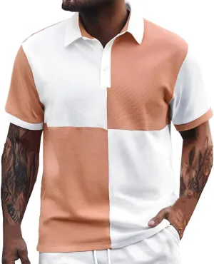 Short Sleeve Polo Shirt for Men Plus Size Classic Fit Button Lapel Golf Shirts Color-Block Lightweight Knitted Collared Tee