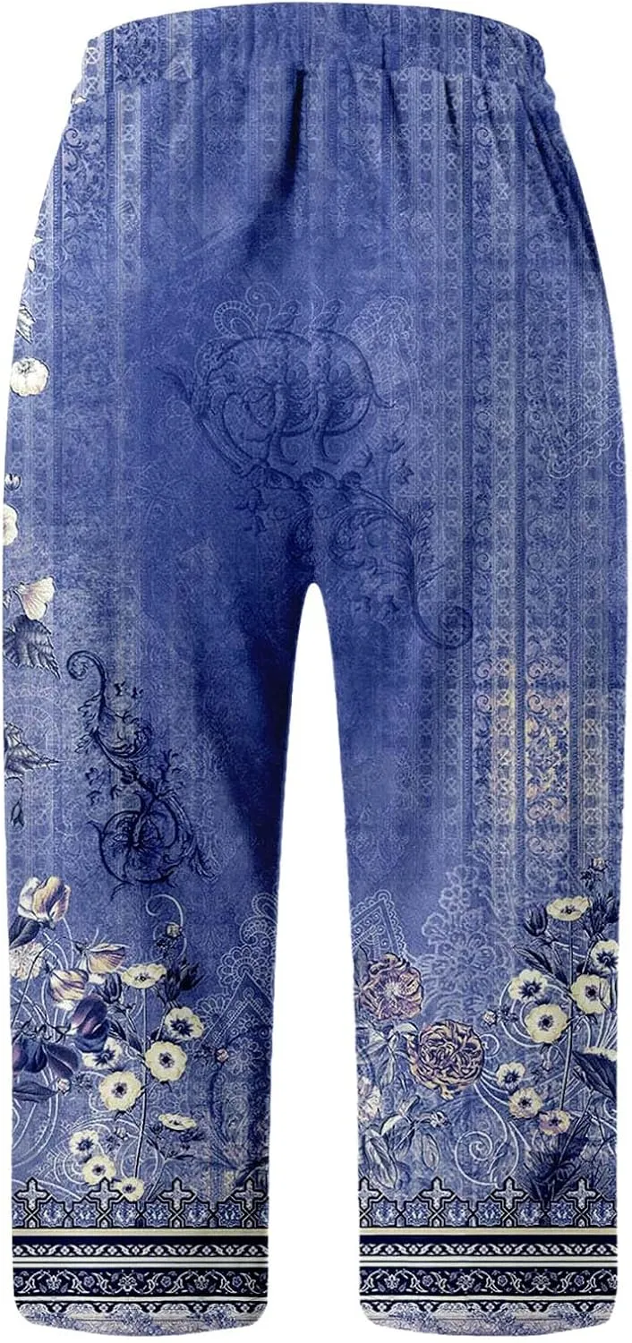 Side Silt Cropped Pants for Women Casual Floral Drawstring Yoga Cropped Pant Vintage Elastic Waist Trouser with Pockets
