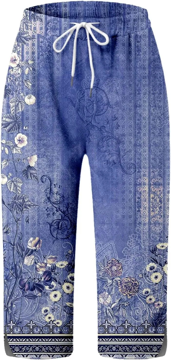 Side Silt Cropped Pants for Women Casual Floral Drawstring Yoga Cropped Pant Vintage Elastic Waist Trouser with Pockets