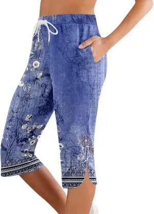 Side Silt Cropped Pants for Women Casual Floral Drawstring Yoga Cropped Pant Vintage Elastic Waist Trouser with Pockets