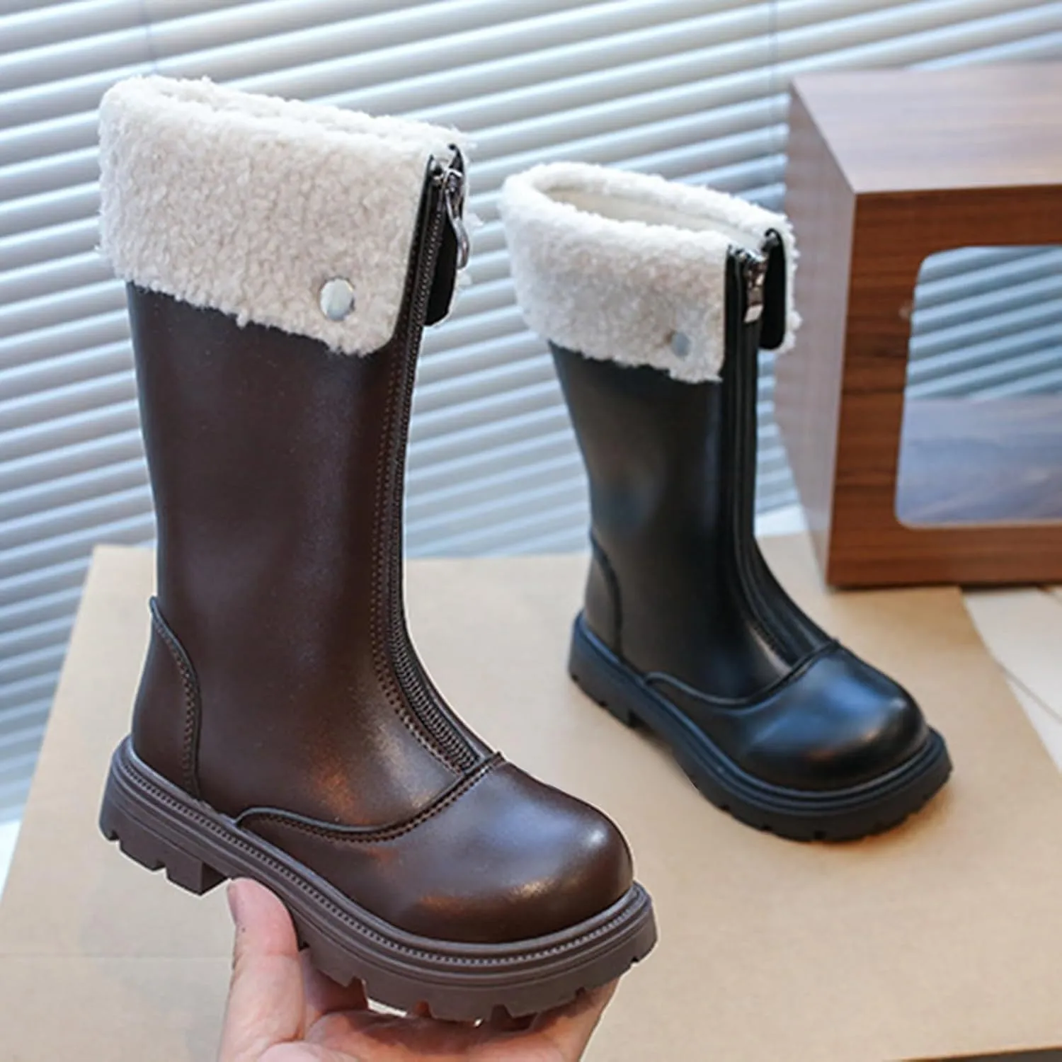 Side Zipper Leather Boots For Girls Kids Toddler Childrens aterproof Shoes Outdoor Dress Dance Fuzzy Soft Mid Boots