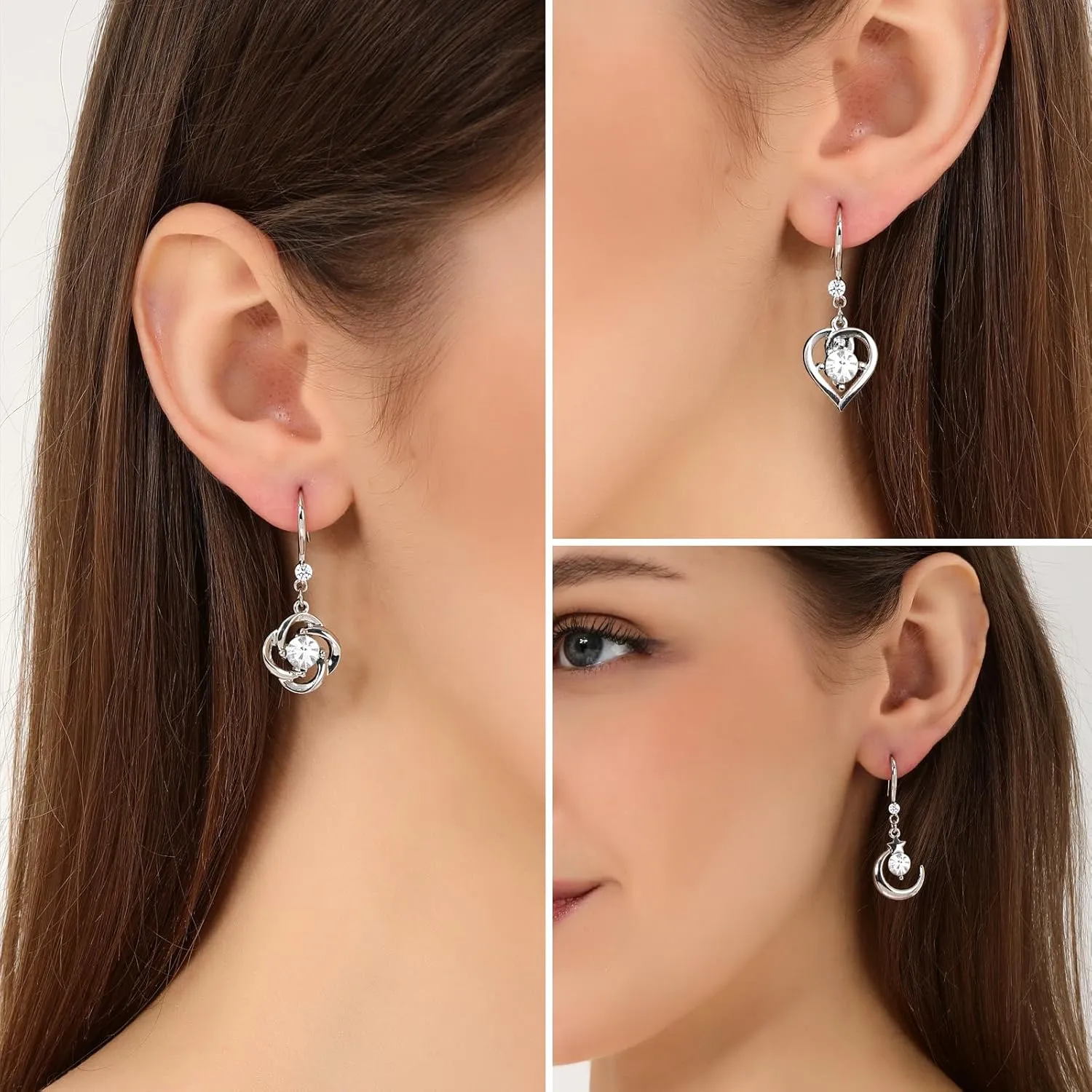 Silver Crystal Dangle Earrings Set for Women Hypoallergenic Leverback Drop Earrings Multiple Leverback Earrings Jewelry Set Rhinestone Christmas Valentine's Day Holiday Present
