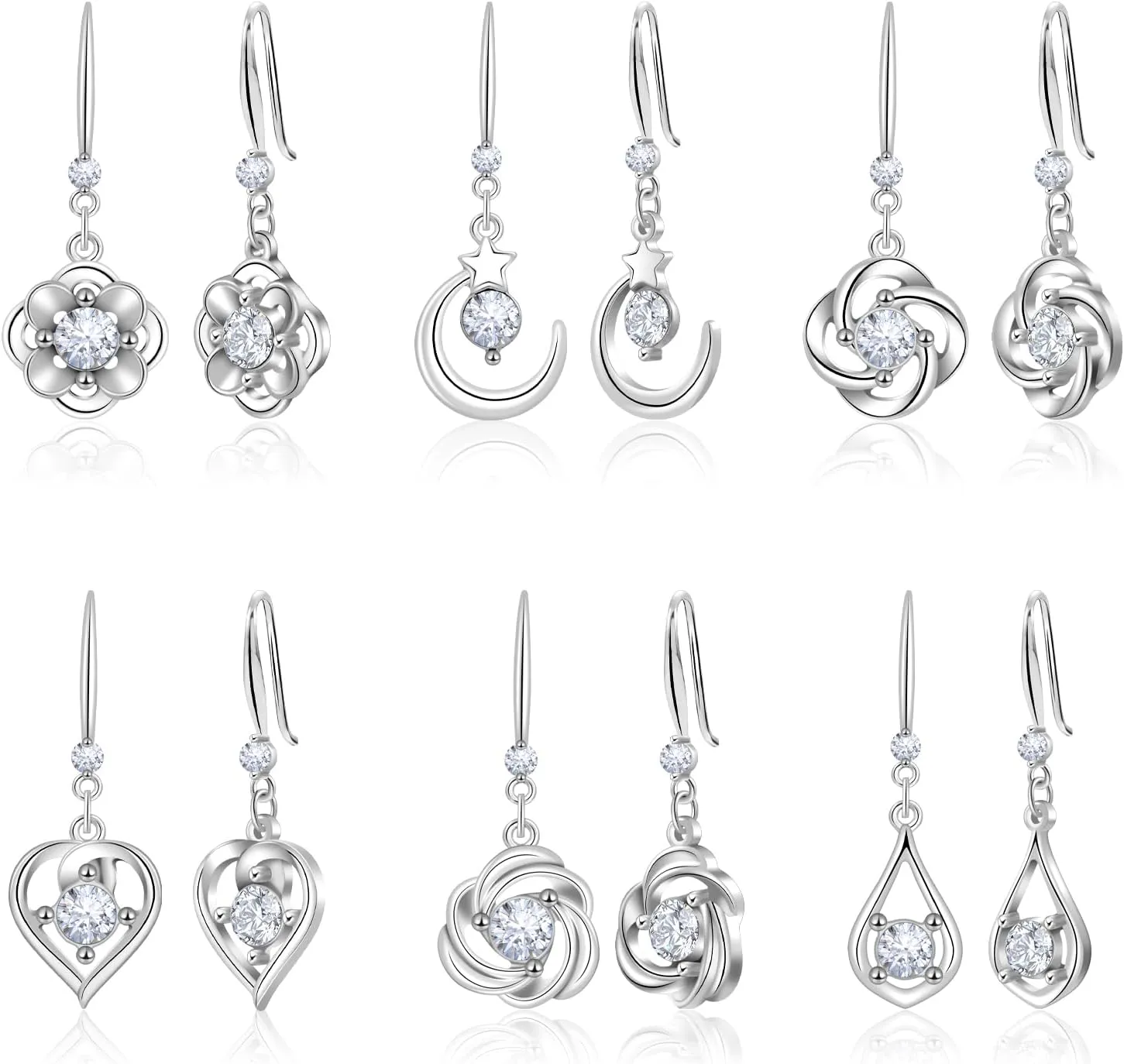 Silver Crystal Dangle Earrings Set for Women Hypoallergenic Leverback Drop Earrings Multiple Leverback Earrings Jewelry Set Rhinestone Christmas Valentine's Day Holiday Present