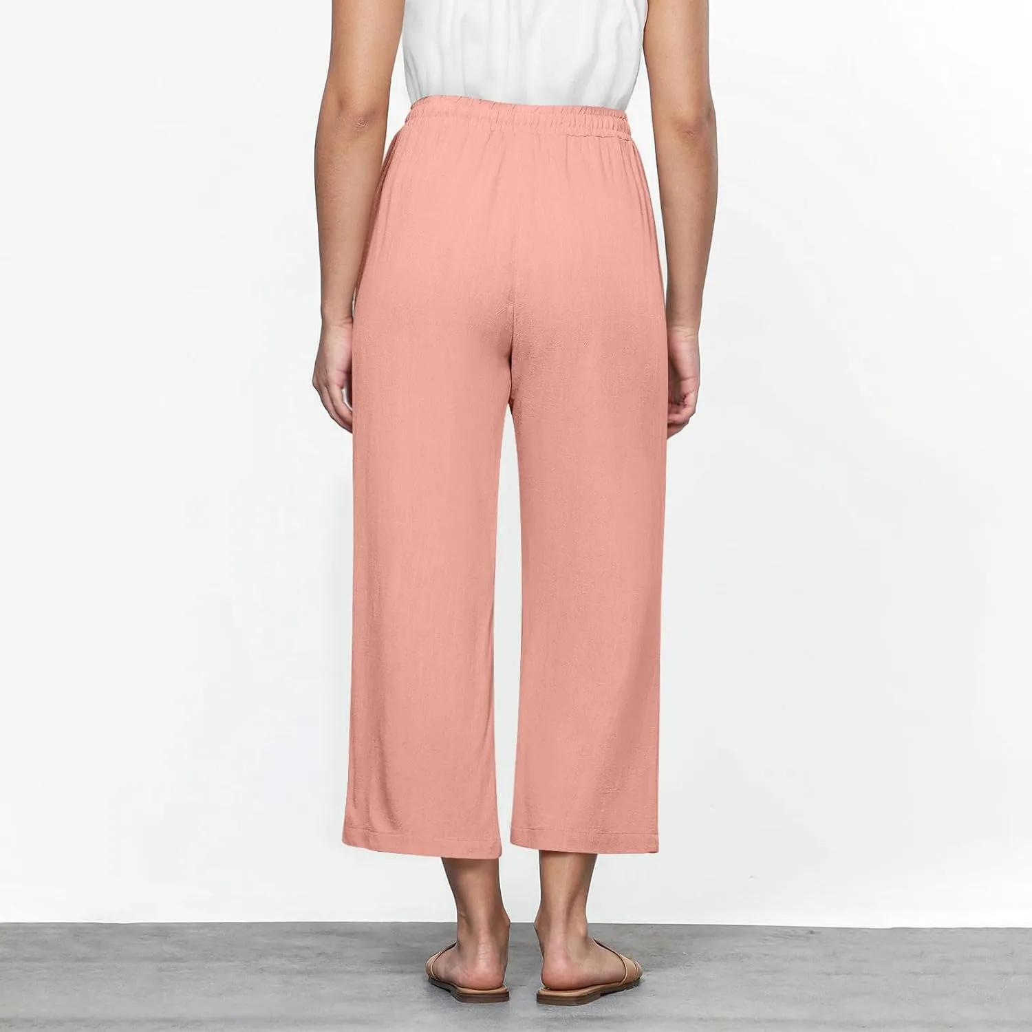 Sinzelimin Womens Linen Wide Leg Pants Fashion Solid Color Drawstring Waist Loose Comfy Harem Trouser Capri Sweatpants