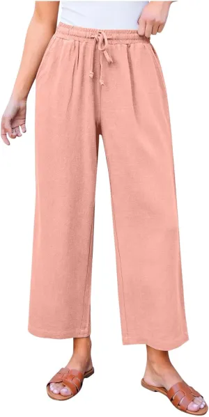 Sinzelimin Womens Linen Wide Leg Pants Fashion Solid Color Drawstring Waist Loose Comfy Harem Trouser Capri Sweatpants