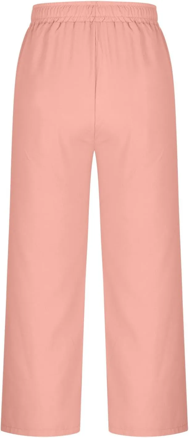 Sinzelimin Womens Linen Wide Leg Pants Fashion Solid Color Drawstring Waist Loose Comfy Harem Trouser Capri Sweatpants