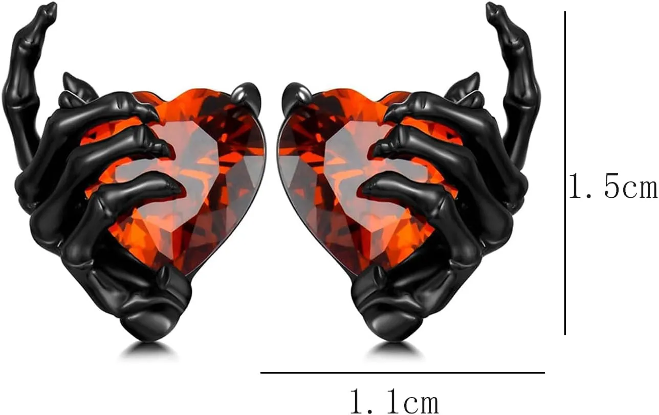 Skull Earrings for Women Black Heart Red Stud Cute Unique Goth Gothic Jewelry Gift