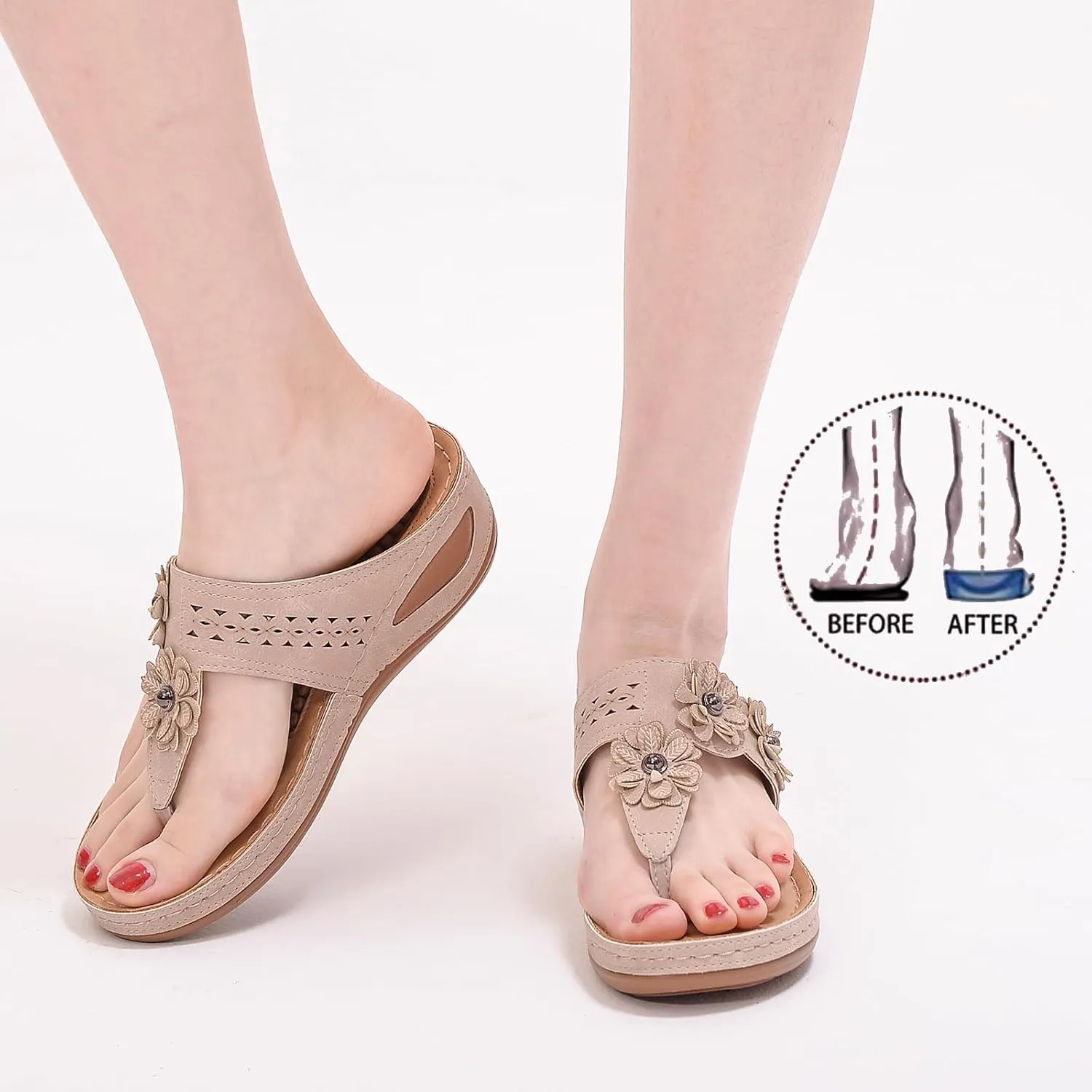 Smoneyful Womens Summer Dressy Flip Flops Arch Support Wedge Sandals Flower Hollow Thong Clip Toe Lightweight for Beach or Wedding