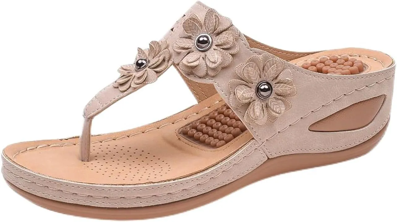 Smoneyful Womens Summer Dressy Flip Flops Arch Support Wedge Sandals Flower Hollow Thong Clip Toe Lightweight for Beach or Wedding