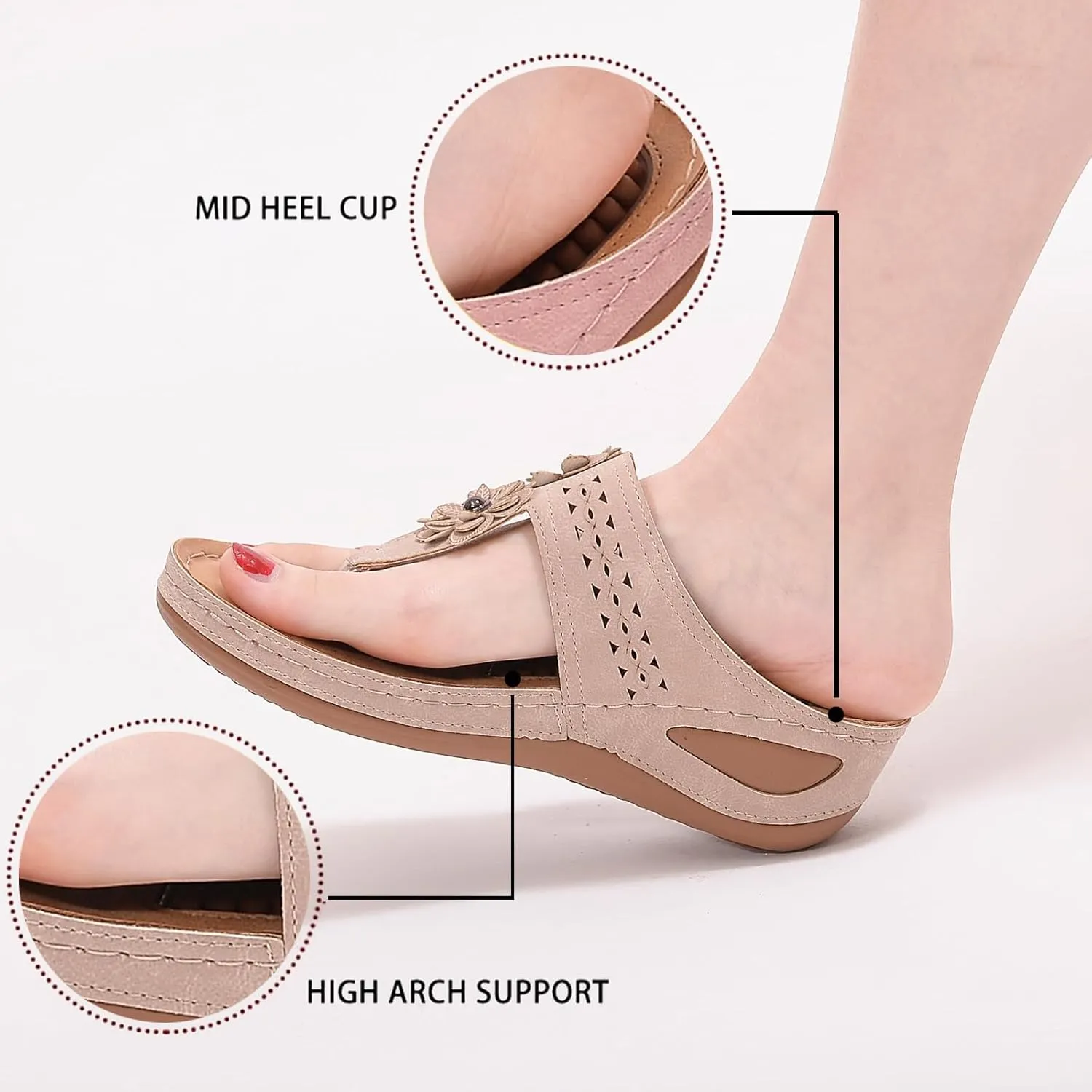 Smoneyful Womens Summer Dressy Flip Flops Arch Support Wedge Sandals Flower Hollow Thong Clip Toe Lightweight for Beach or Wedding