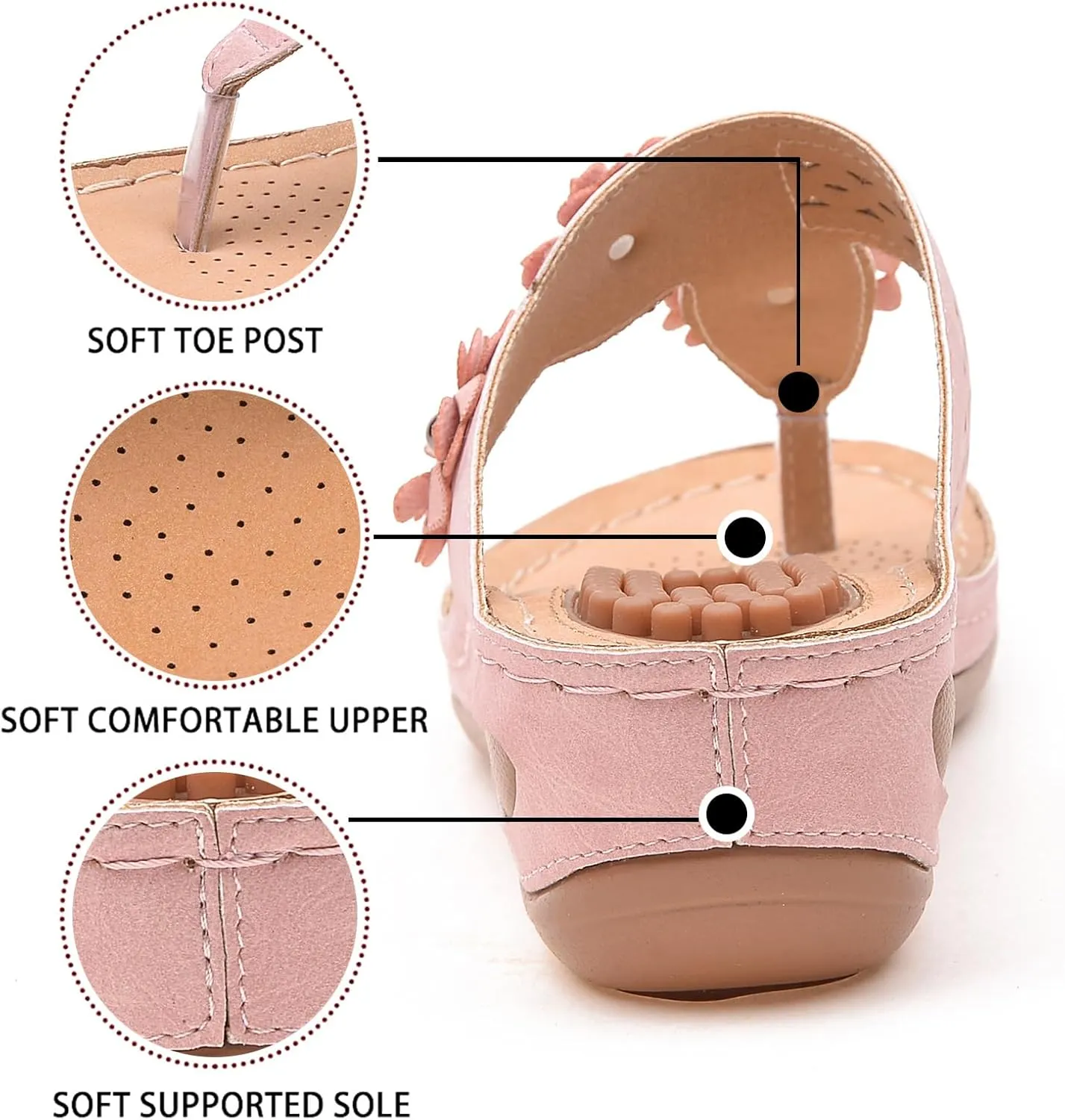 Smoneyful Womens Summer Dressy Flip Flops Arch Support Wedge Sandals Flower Hollow Thong Clip Toe Lightweight for Beach or Wedding