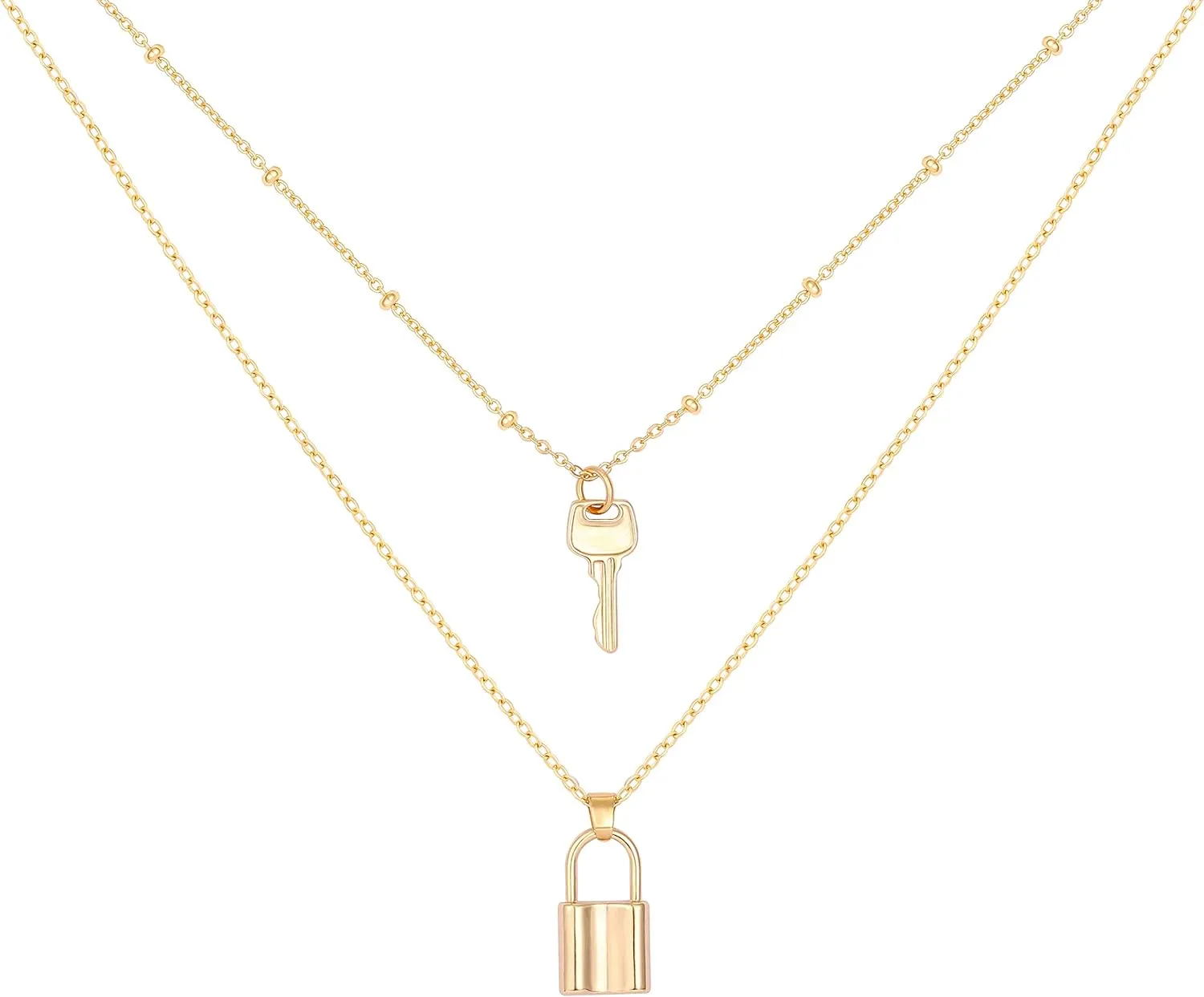 SOFYBJA Dainty 18k Gold Layered Statement Choker Necklaces for Women Tiny Cute Lock Key Pendant Personalized Double Layering Chain Necklaces