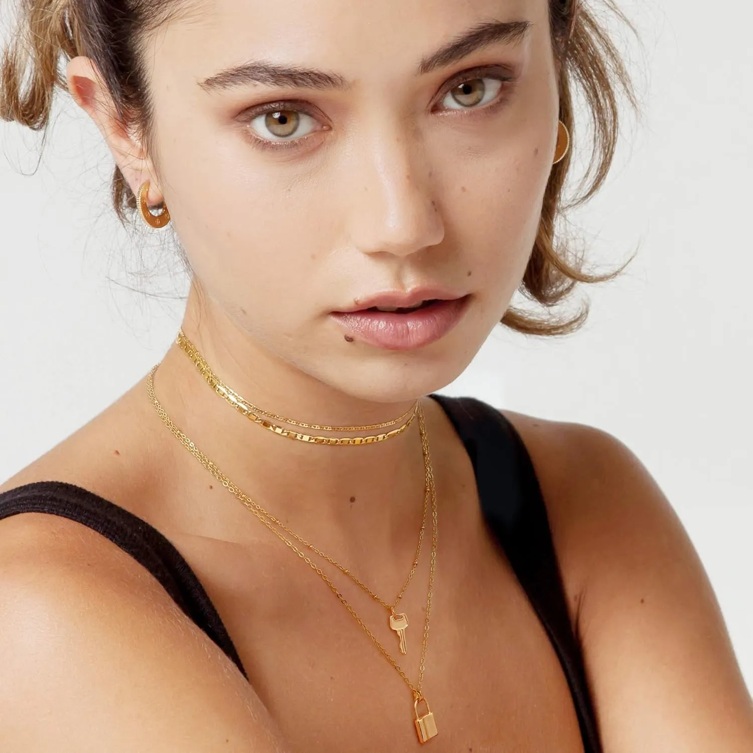 SOFYBJA Dainty 18k Gold Layered Statement Choker Necklaces for Women Tiny Cute Lock Key Pendant Personalized Double Layering Chain Necklaces