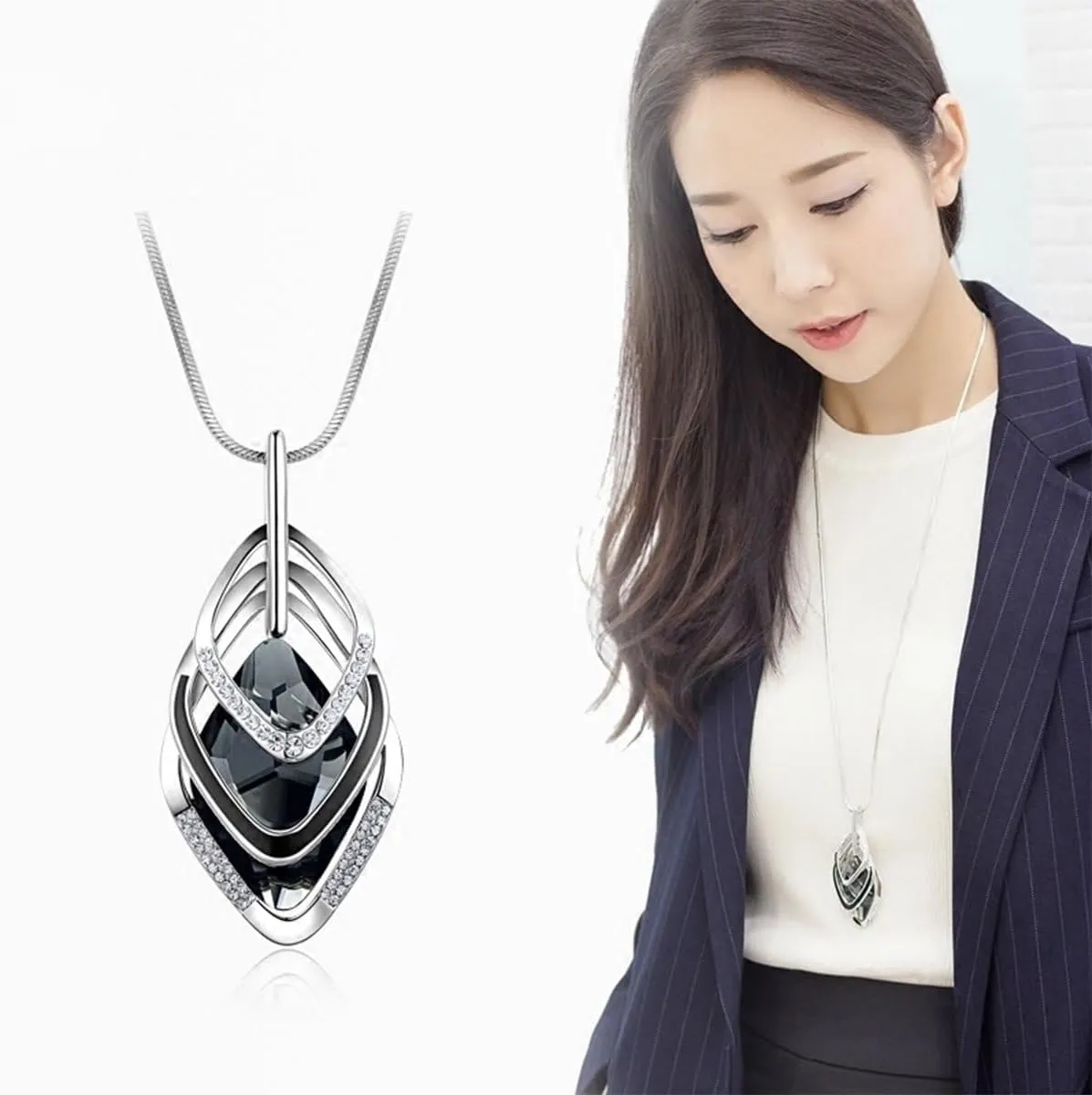 Solid Long Sweater Necklaces for Women Elegant Triple Stack Cubic Zirconia Pendant Rhombic Rhinestone Pendant Y Necklaces Fashion Jewelry