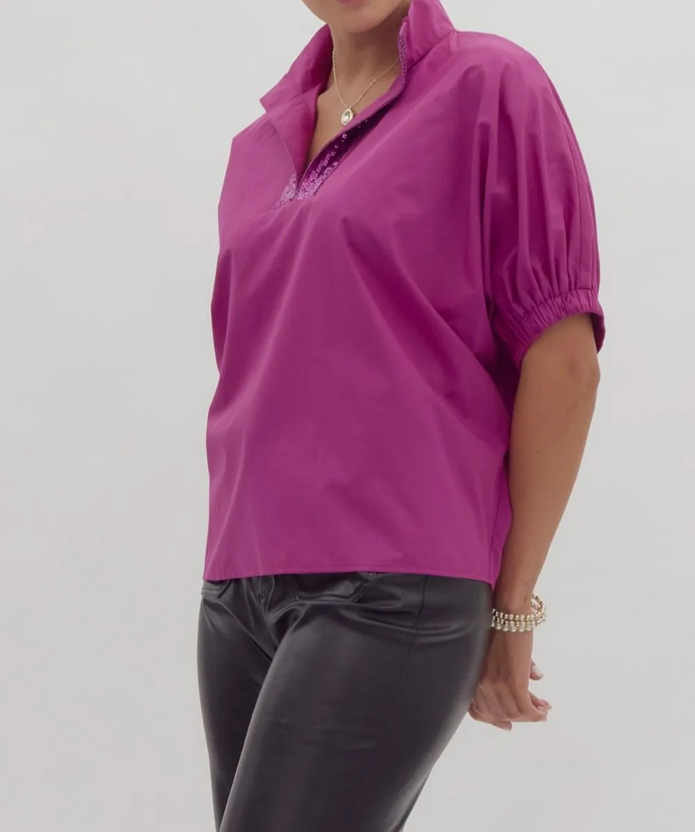 Solid Top With Sequin Neckline