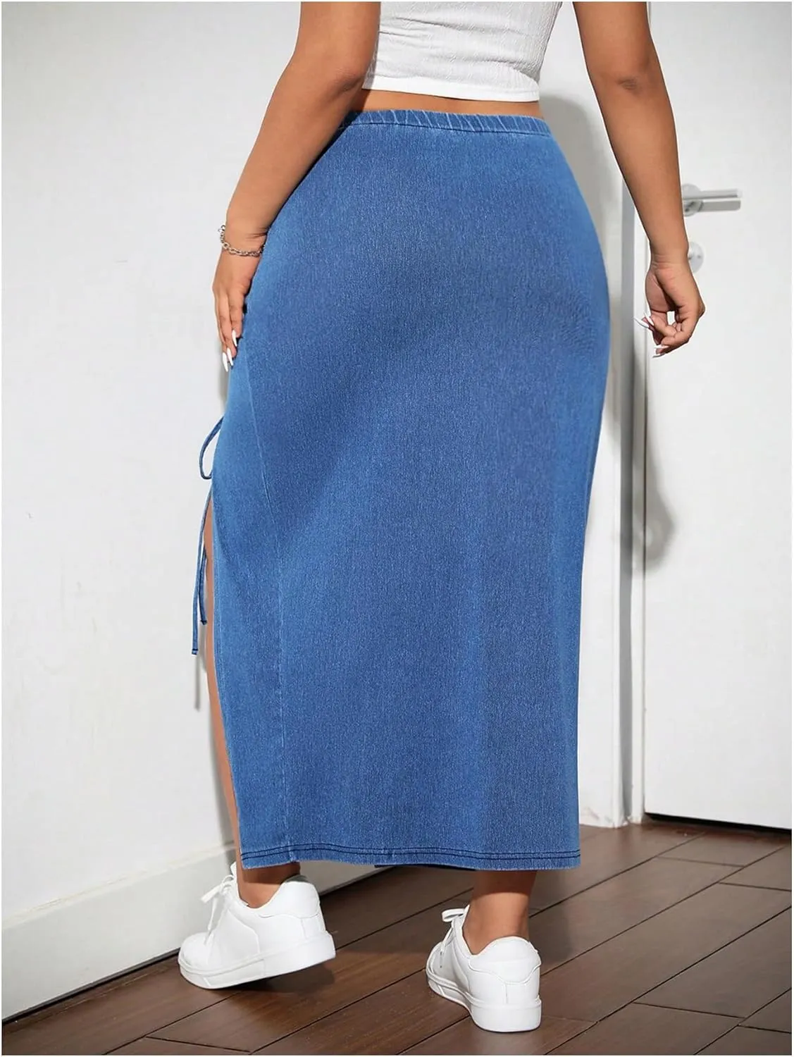 SOLY HUX Women's Plus Size High Waisted Denim Skirts Side Split Drawstring Bodycon Long Skirt