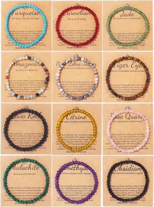 SONNYX 12PCS Natural Stone Bracelets for Women Men 4mm Crystal Bracelets Semi-Precious Gemstone Beaded Bracelets Round Beads Stretch Bracelet Jewelry