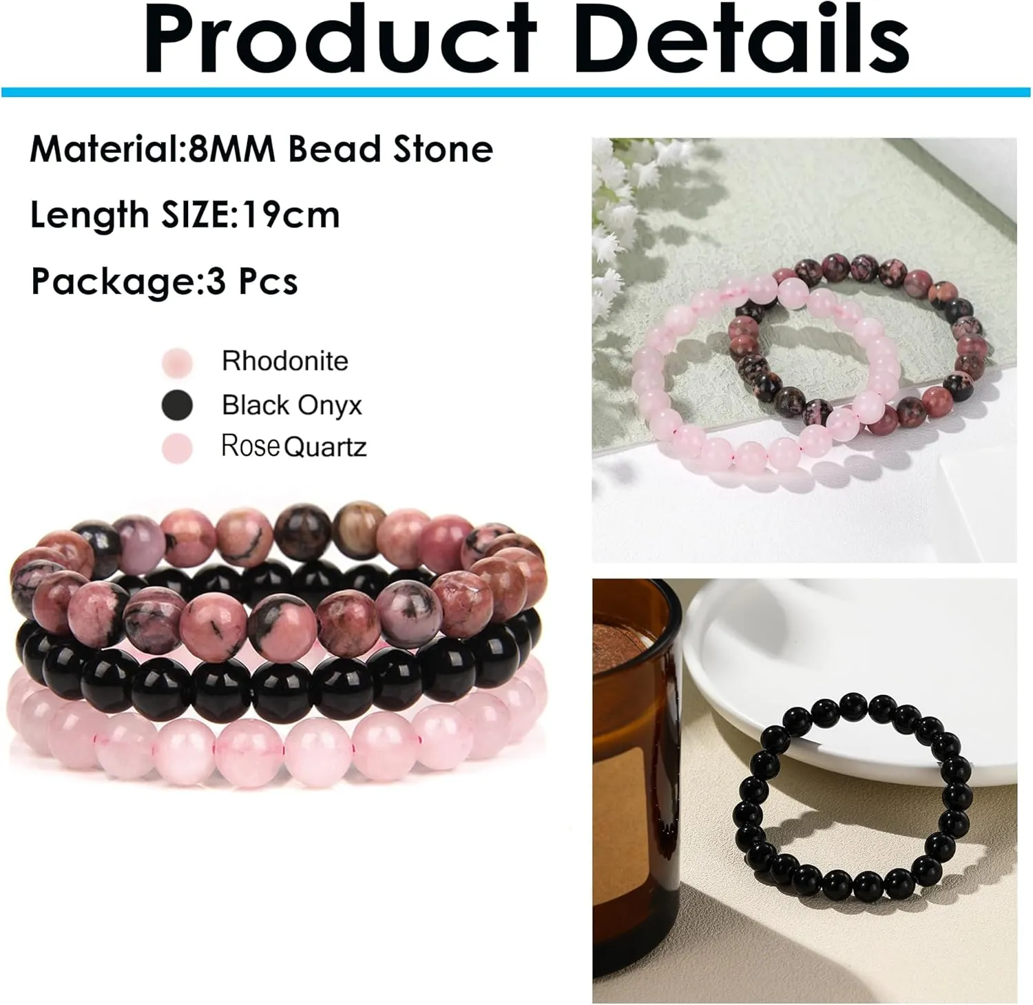 SONNYX 3PCS Crystal Stone Bracelets for Women Men Semi-Precious Gemstone Bracelets 8mm Round Beads Stretch Beaded Bracelet Jewelry