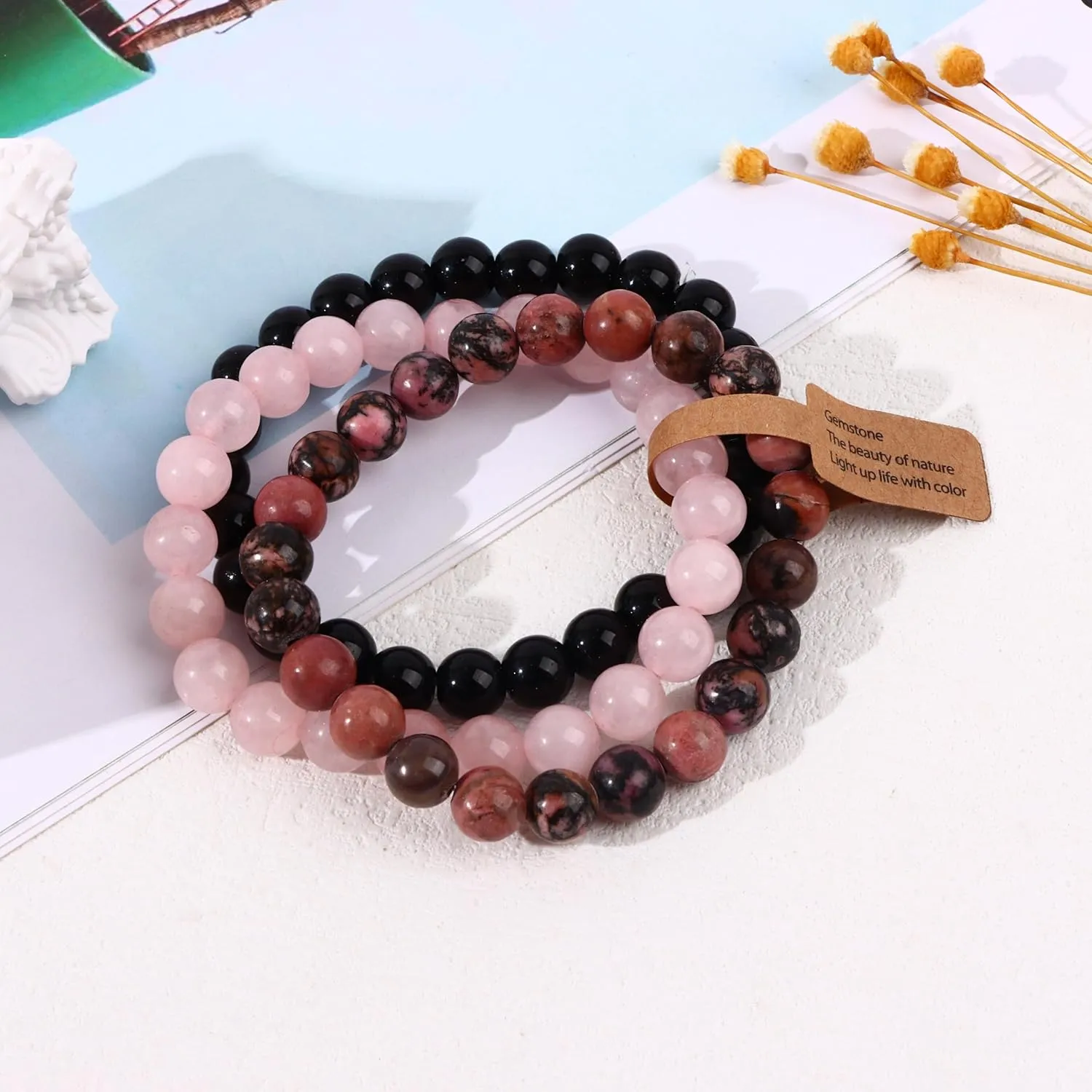 SONNYX 3PCS Crystal Stone Bracelets for Women Men Semi-Precious Gemstone Bracelets 8mm Round Beads Stretch Beaded Bracelet Jewelry
