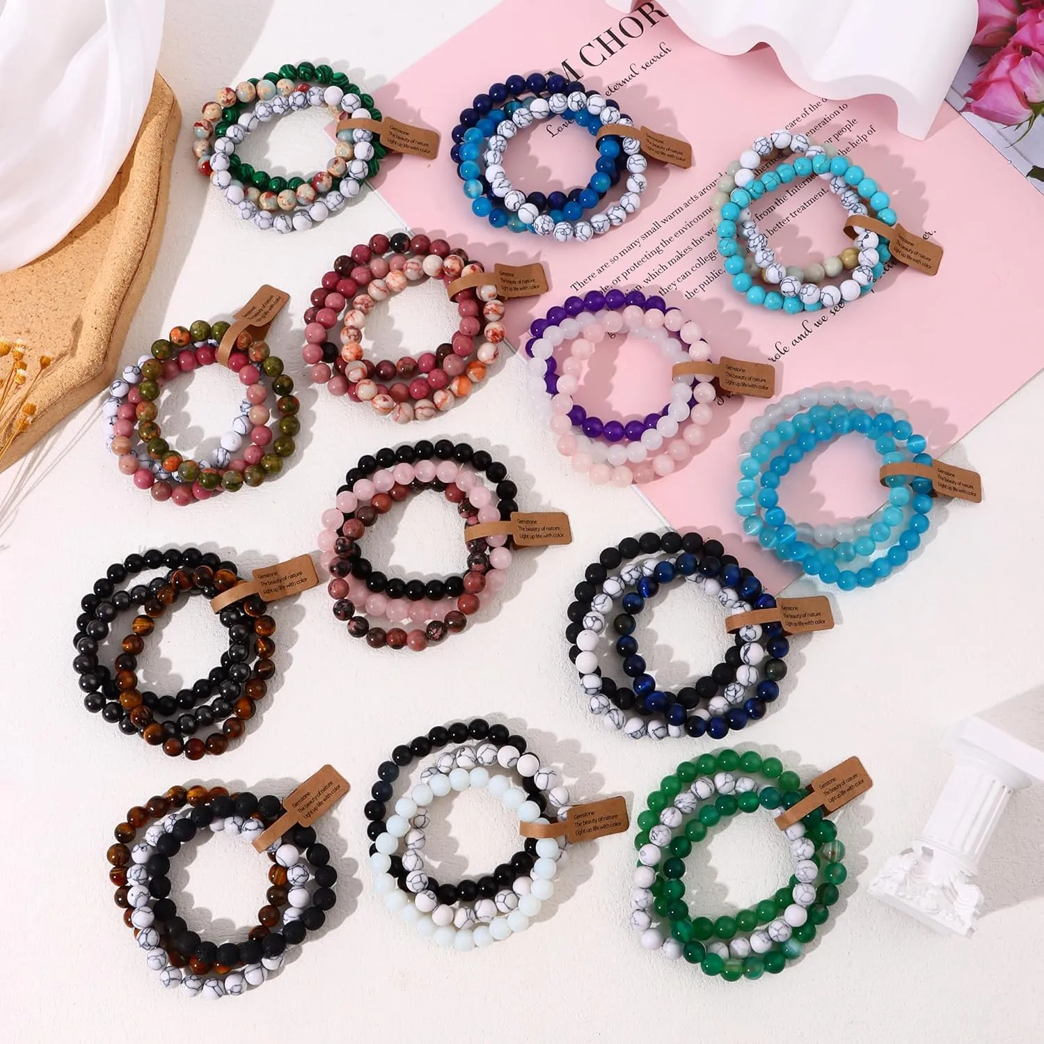 SONNYX 3PCS Crystal Stone Bracelets for Women Men Semi-Precious Gemstone Bracelets 8mm Round Beads Stretch Beaded Bracelet Jewelry
