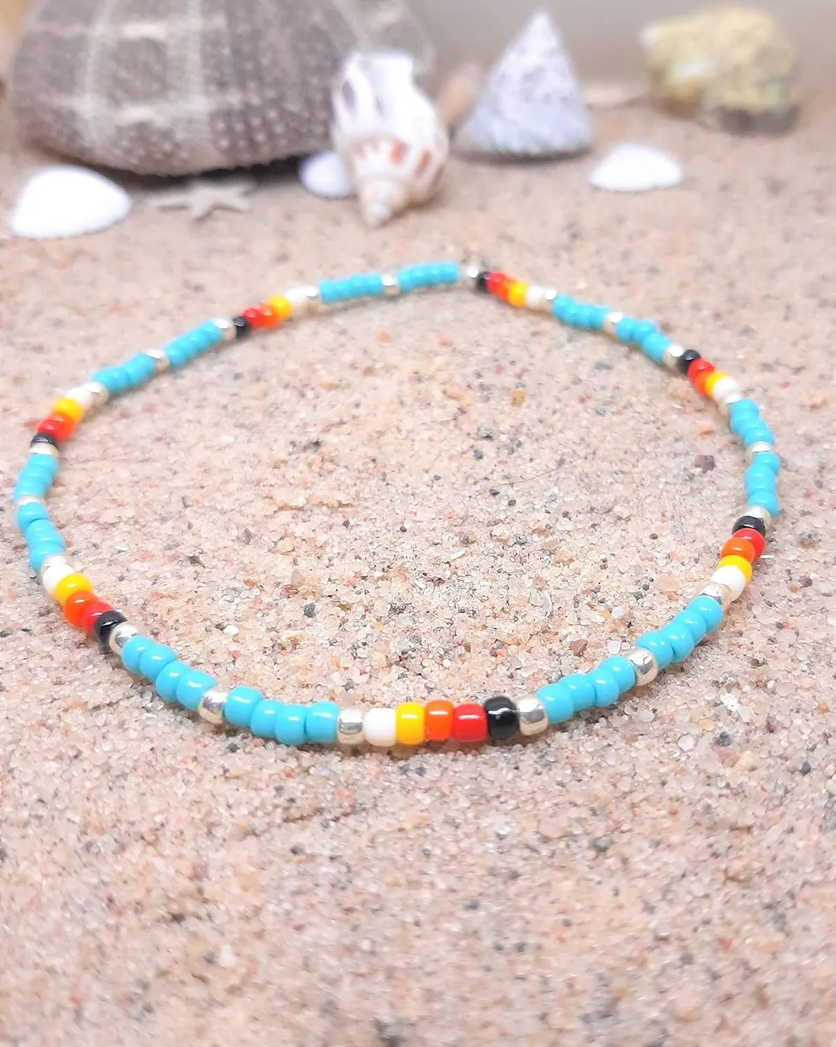 Southwest inspired seed bead stretch ankle bracelet. Desert sunset boho anklet. Colorful tribal inspired minimalist anklet.