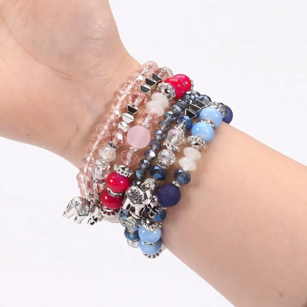 Soyzvteo Bohemian Stackable Bead Bracelets Elephant Colorful Multilayer Crystal Beads Bracelets Boho Stretch Multilayer Stack Beads Colorful Beaded Charm Bracelets Jewelry