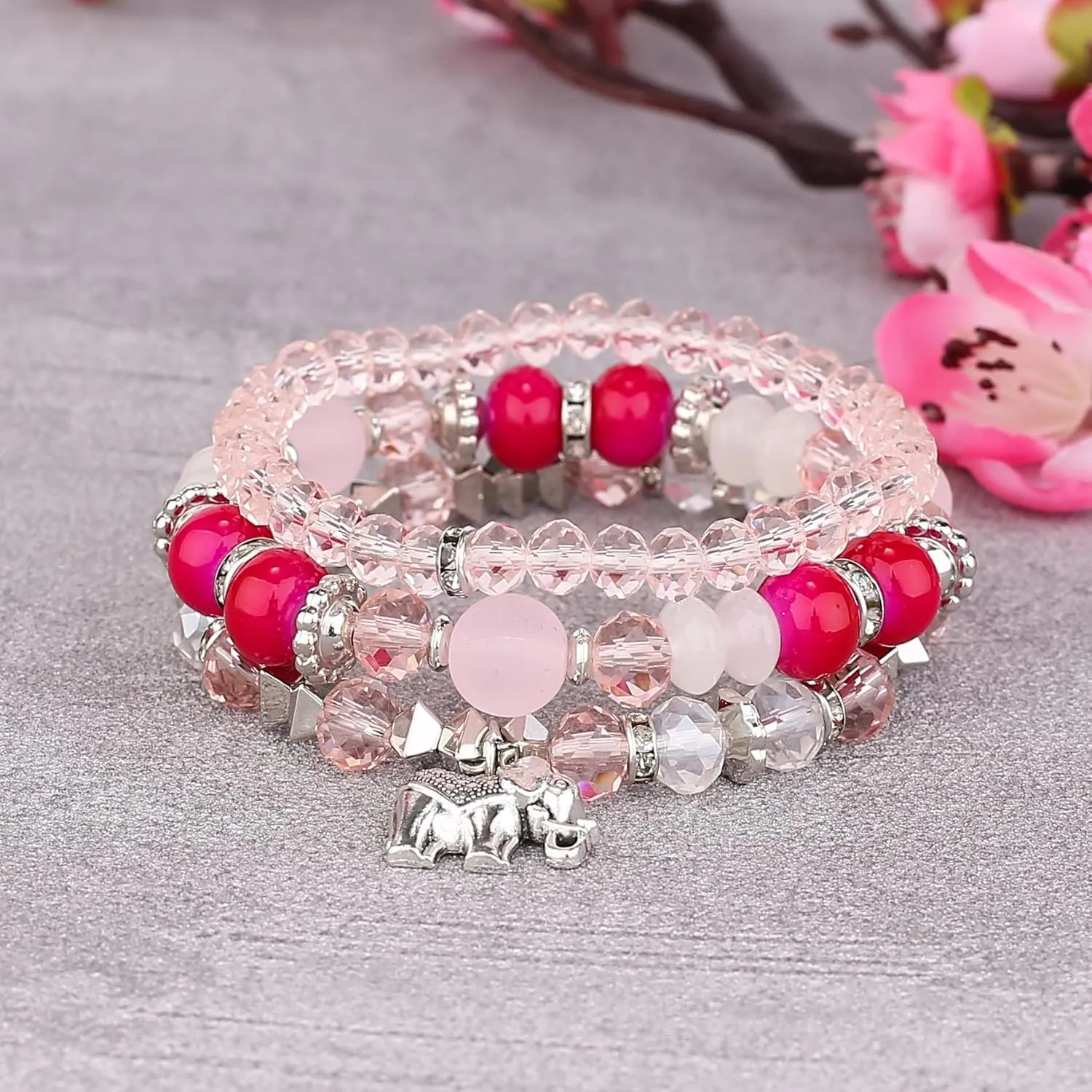Soyzvteo Bohemian Stackable Bead Bracelets Elephant Colorful Multilayer Crystal Beads Bracelets Boho Stretch Multilayer Stack Beads Colorful Beaded Charm Bracelets Jewelry