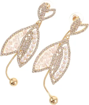 Sparkly Crystal Pearl Leaf Tassel Earrings Minimalist Dangle Earrings for Women Bridal Party Decorative Jewelry