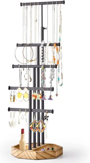 SRIWATANA Jewelry Organizer Stand, 5 Tier Necklace Holder Bracelet Earring Holder Jewelry Display Stand Large Storage with Wood Base, Gifts for Mom, Carbonized Black