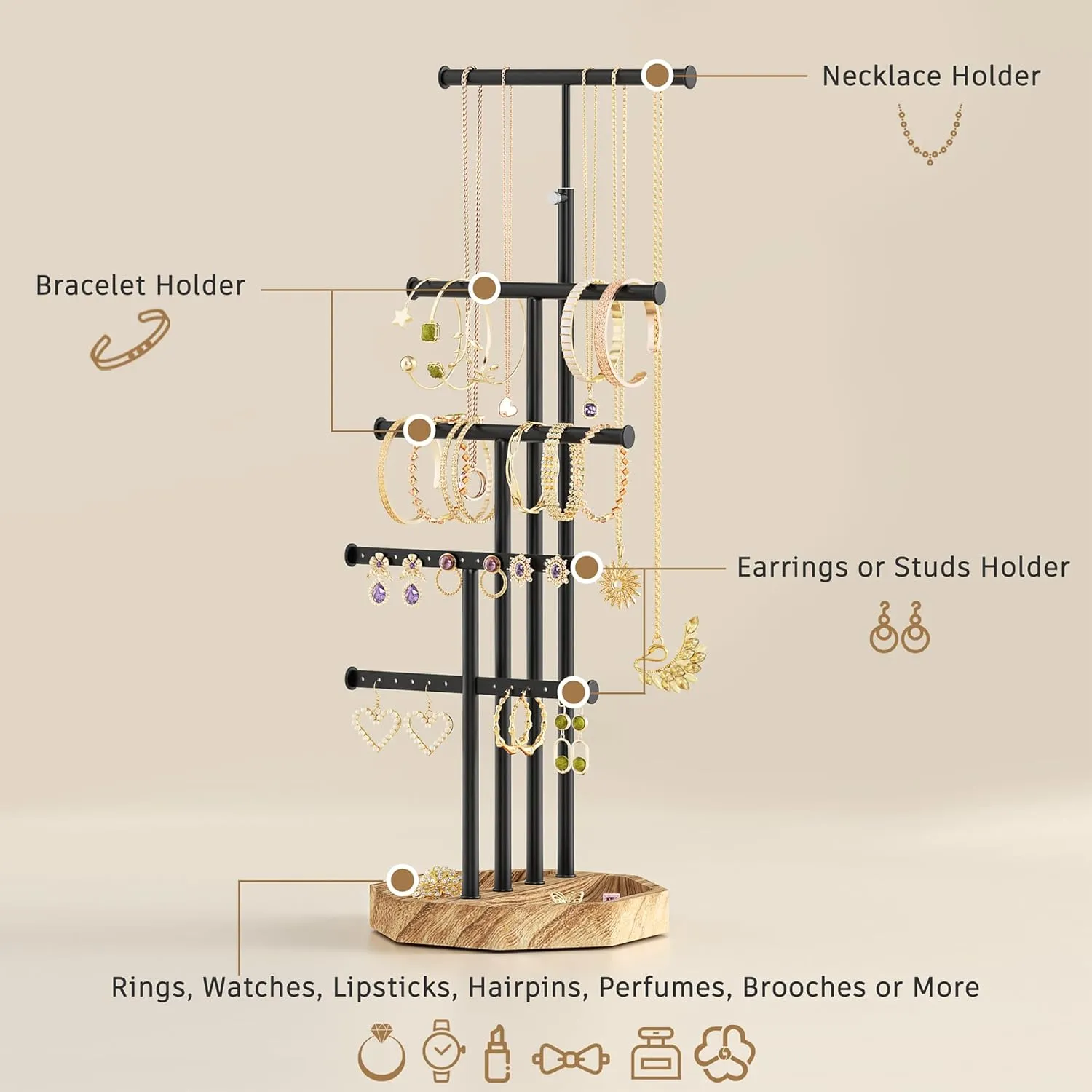 SRIWATANA Jewelry Organizer Stand, 5 Tier Necklace Holder Bracelet Earring Holder Jewelry Display Stand Large Storage with Wood Base, Gifts for Mom, Carbonized Black