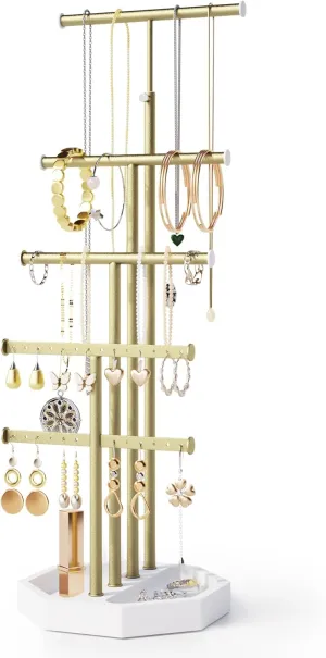 SRIWATANA Jewelry Organizer Stand, 5 Tier Necklace Holder Bracelet Earring Holder Jewelry Display Stand Large Storage with Wood Base, Mother's Day Gift, White & Gold