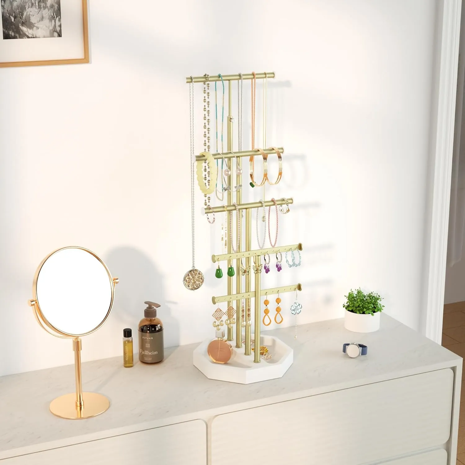 SRIWATANA Jewelry Organizer Stand, 5 Tier Necklace Holder Bracelet Earring Holder Jewelry Display Stand Large Storage with Wood Base, Mother's Day Gift, White & Gold