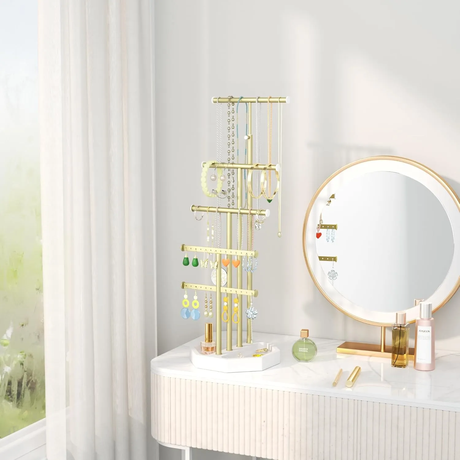 SRIWATANA Jewelry Organizer Stand, 5 Tier Necklace Holder Bracelet Earring Holder Jewelry Display Stand Large Storage with Wood Base, Mother's Day Gift, White & Gold