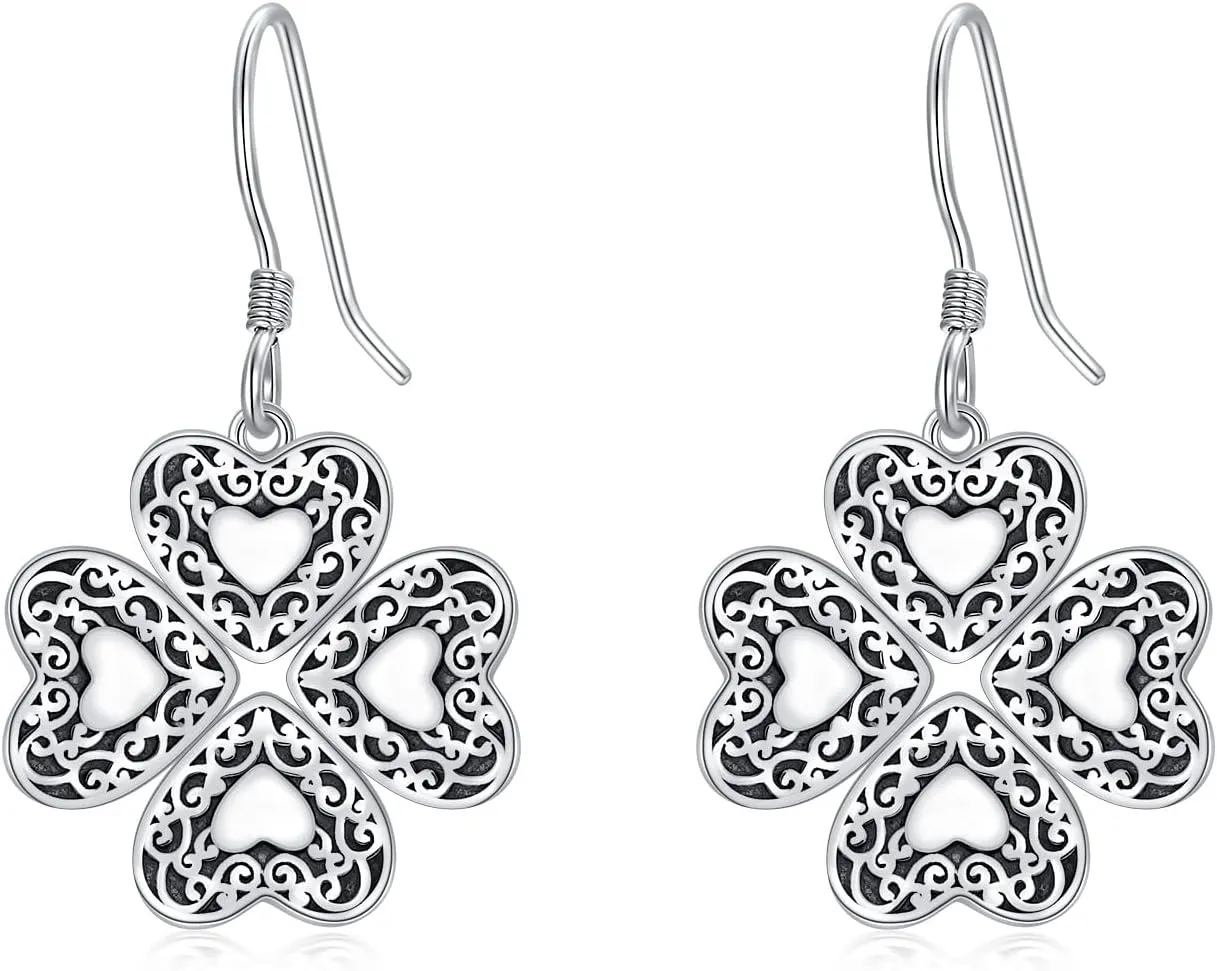 St Patricks Day Shamrock Earrings 925 Sterling Silver Four Leaf Clover Irish Dangle Drop Earrings Jewelry Gift for Women Teen Girls Valentines Day